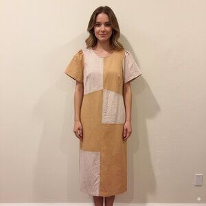 Lost + Wander LA Crème Color Block Cottage Linen Midi Dress Cream Sand OS NWT
